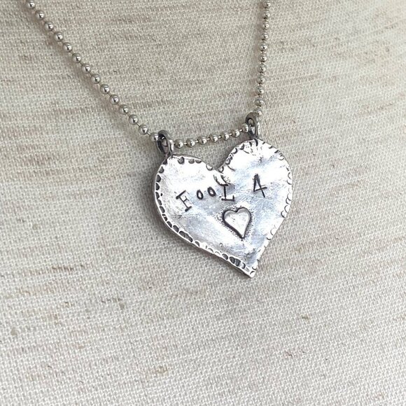 Sterling Silver 925 Hammered Heart Stamped “Fool 4 ♥︎” Love Pendant Necklace 18" - Picture 11 of 16